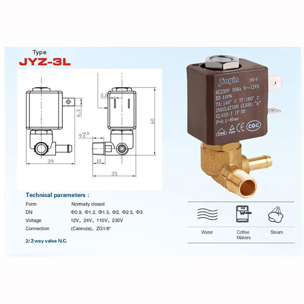 Jiayin jyz -3 normalt stängd n /c 2/2- vägs  ac 230v 12va g1/8 "mässing ånggenerator gas vatten magnetventil kaffebryggare