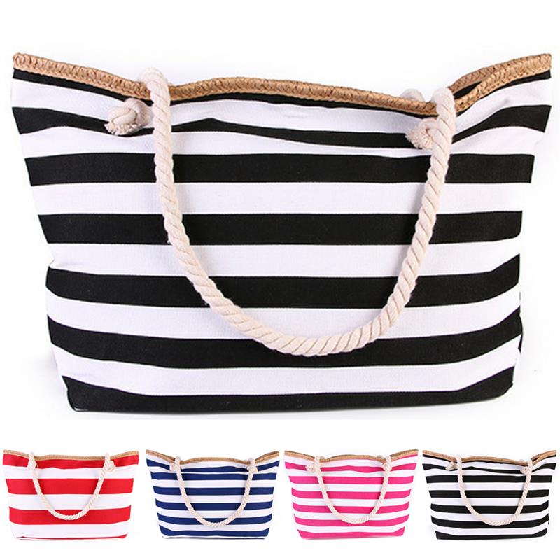 2022 Strand Tote Bag Mode Vrouwen Canvas Zomer Grote Capaciteit Gestreepte Schoudertas Tote Handtas Winkelen Schoudertassen