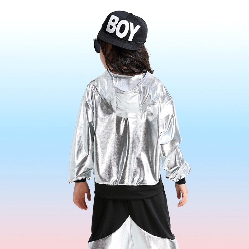 Kind Meisje Jongen Prestaties Goud Zilver Hip Hop Hiphop Jazz Moderne Ballroom Break Dance Pak Kostuum Hooded Tops Broek