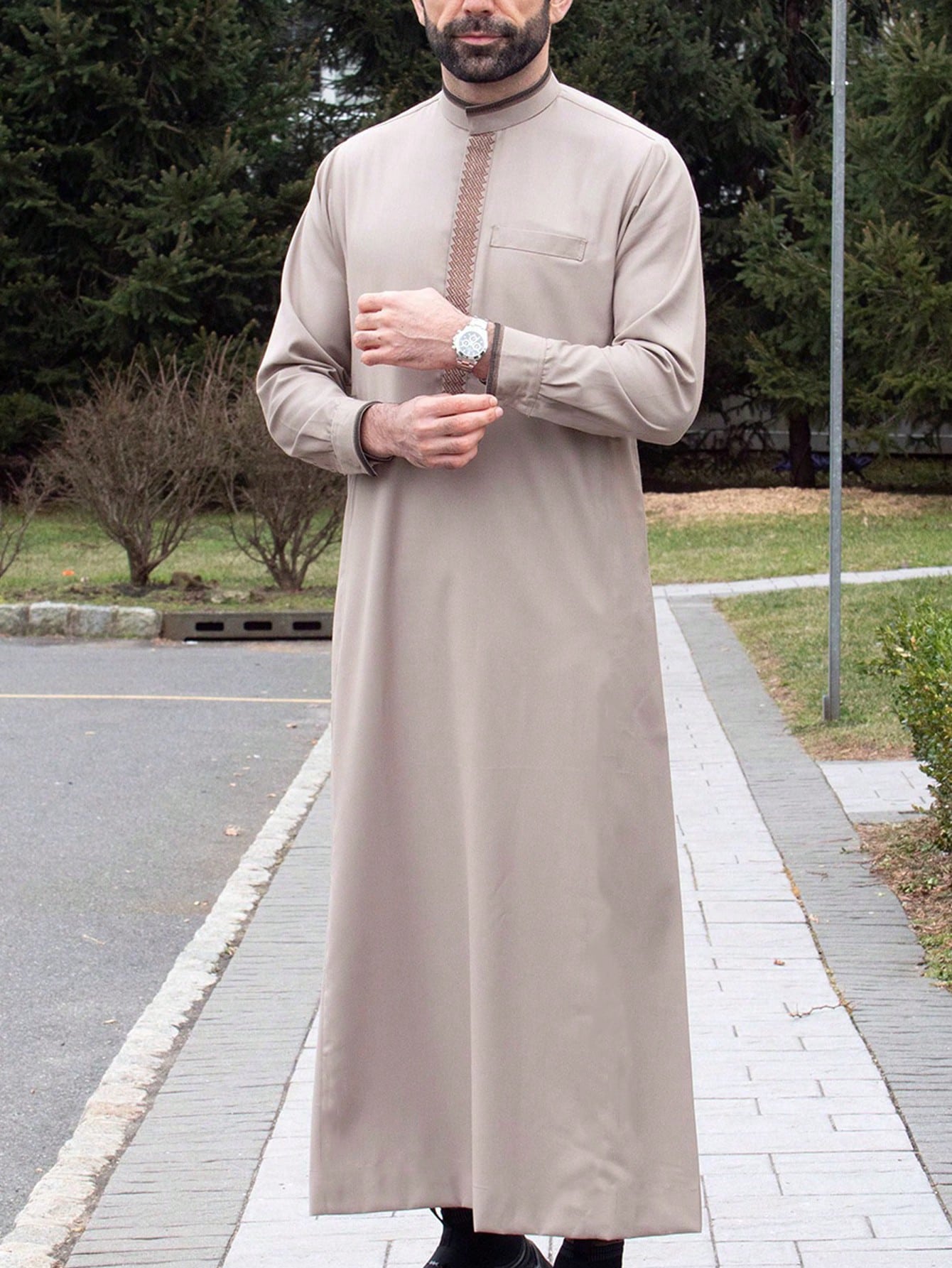 Túnica holgada islámica para hombre, manga larga, cuello levantado, bordado, estilo étnico árabe tradicional, vestidos formales informales para hombre Thobe: XXL / Rosa