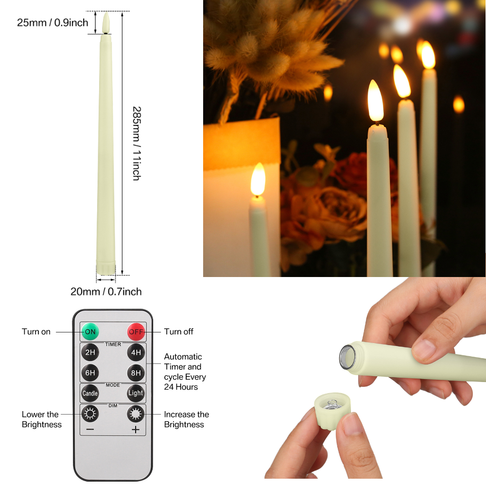 Velas cónicas LED sin llama, 12/24 Uds., parpadeantes con control remoto, candelabros de marfil con pilas de 11 ", decoración navideña para el hogar y la boda