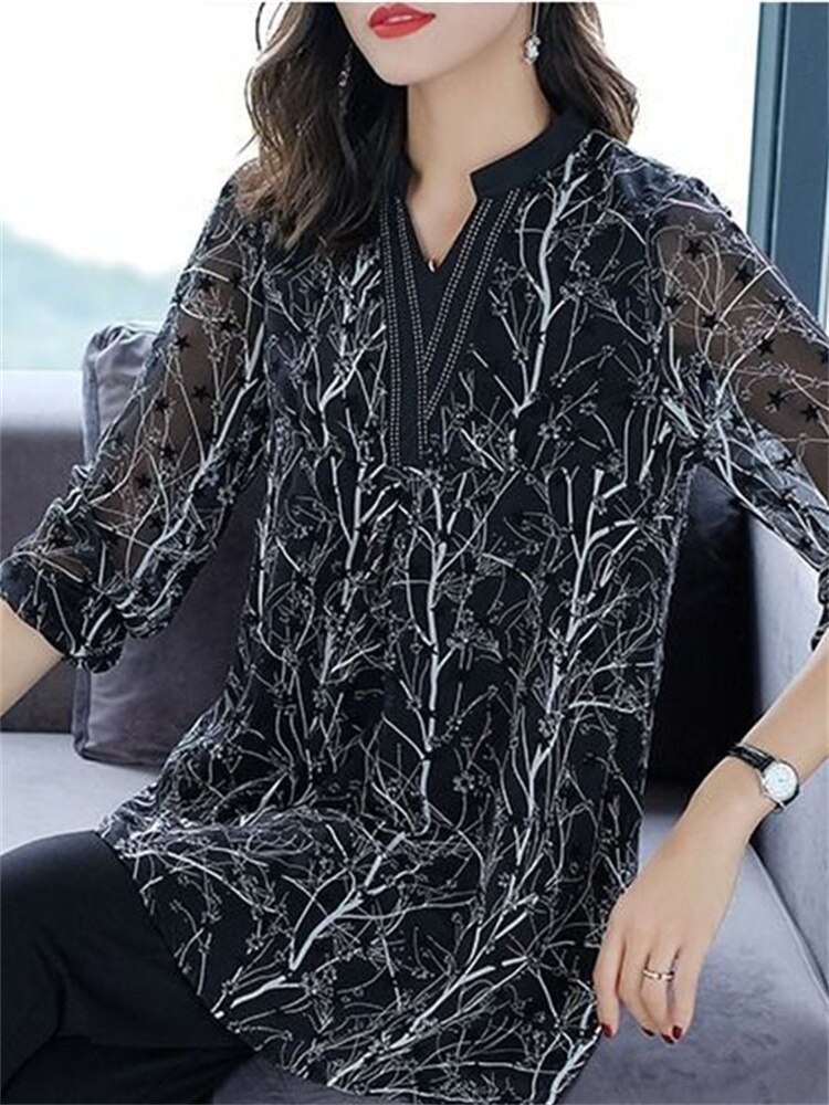 Kvinnor vår sommar stil chiffong blusar dam csual långärmad plus size tryck lös skjorta dam toppar  df3618