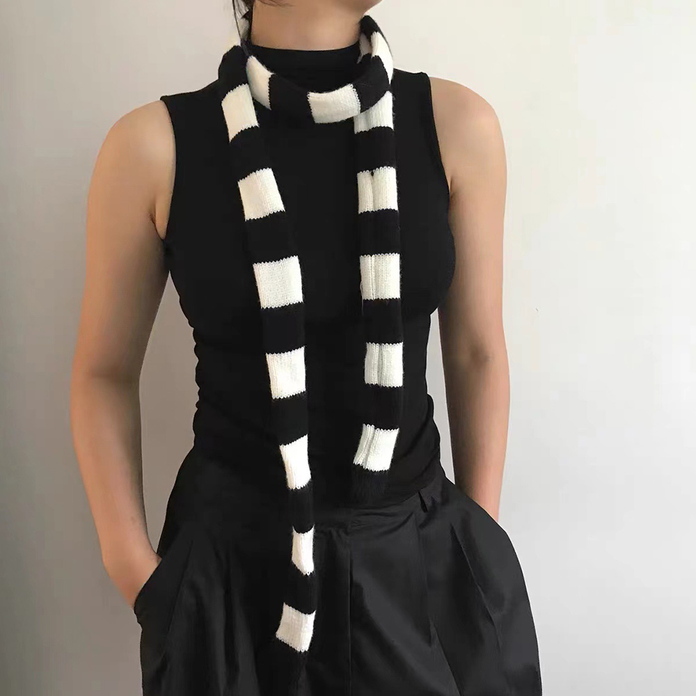 Bufanda a rayas blancas y negras Y2K, bufandas tejidas ajustadas y estrechas Harajuku para mujer, decoración, calentador de cuello grueso, bufanda larga con lazo: Blanco