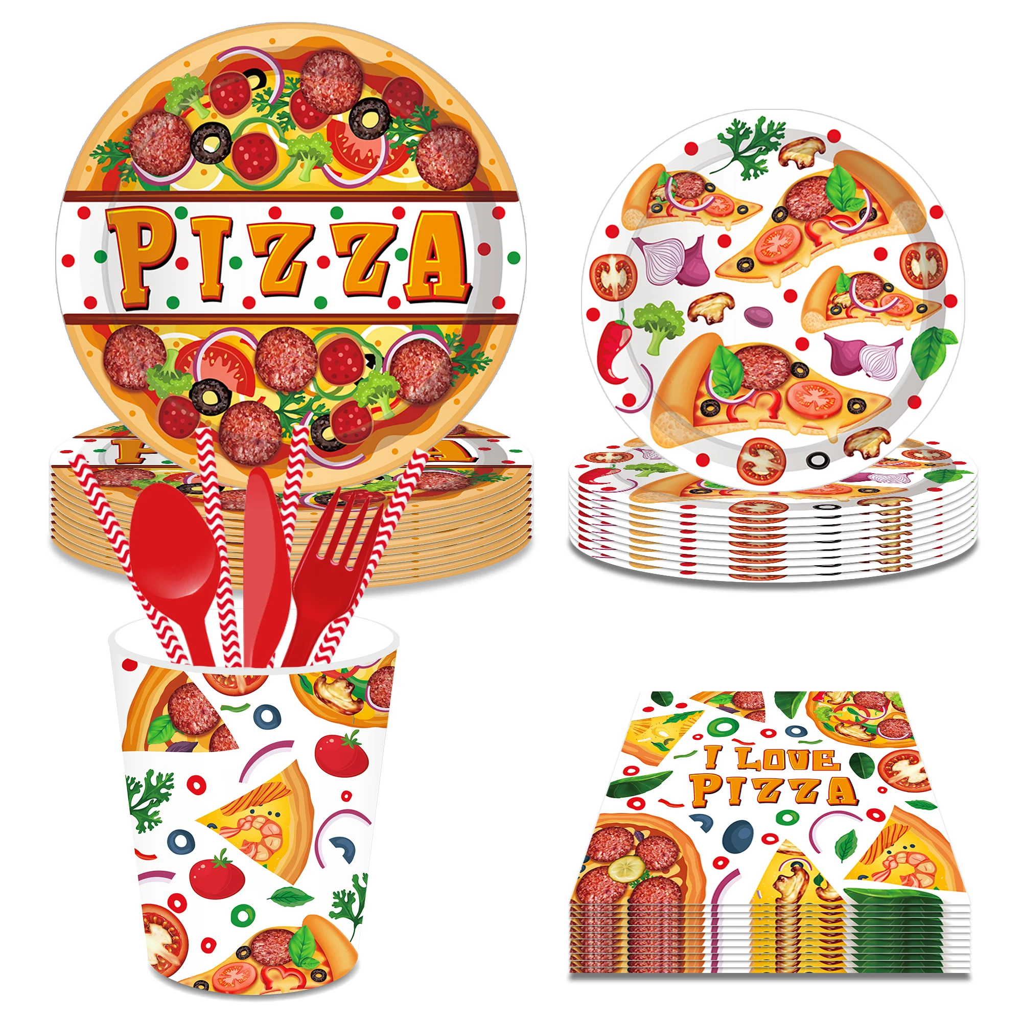 Cartoon Pizza Food Party Wegwerpservies Sets Verjaardag Barbecue Camping Borden Kopjes Servetten Baby Shower Party Picknick Decor