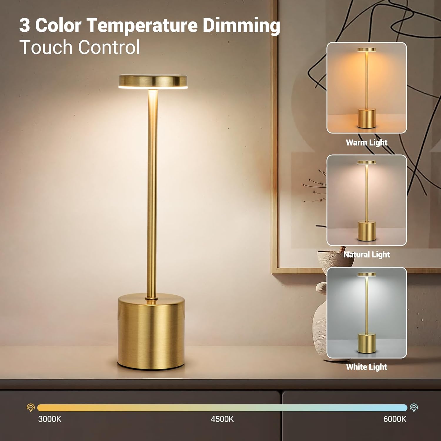 Klassisk ledet-bordlampe med berøringssensor, oppladbar, trådløs skrivebordslampe, justerbare temperaturer 3 farger, moderne ledet-nattlys