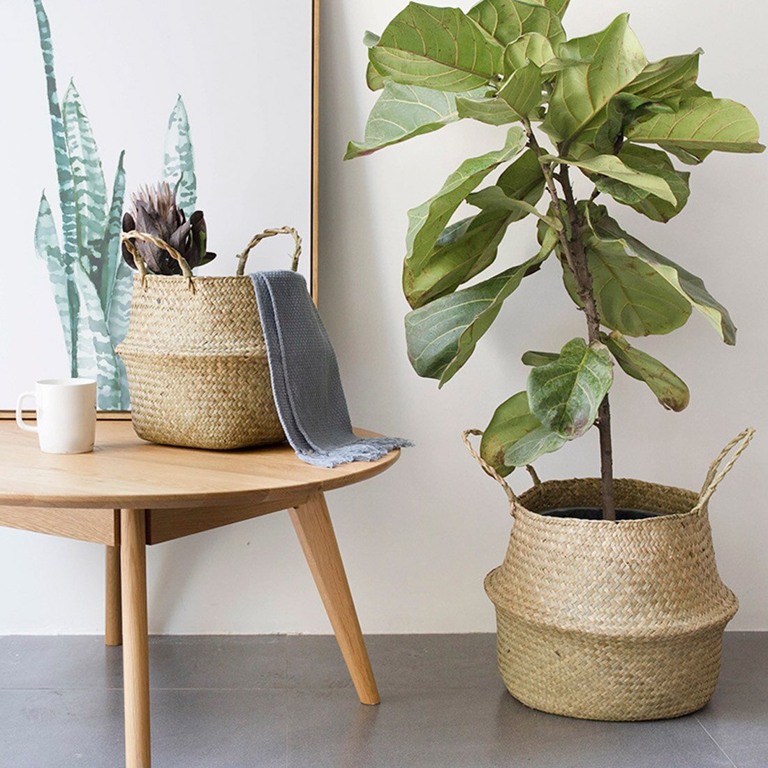 Håndlavet hængekurv planter kurv søgræs fletværk kurv bambus opbevaring kurve sammenfoldelig patchwork flet rattan seagra