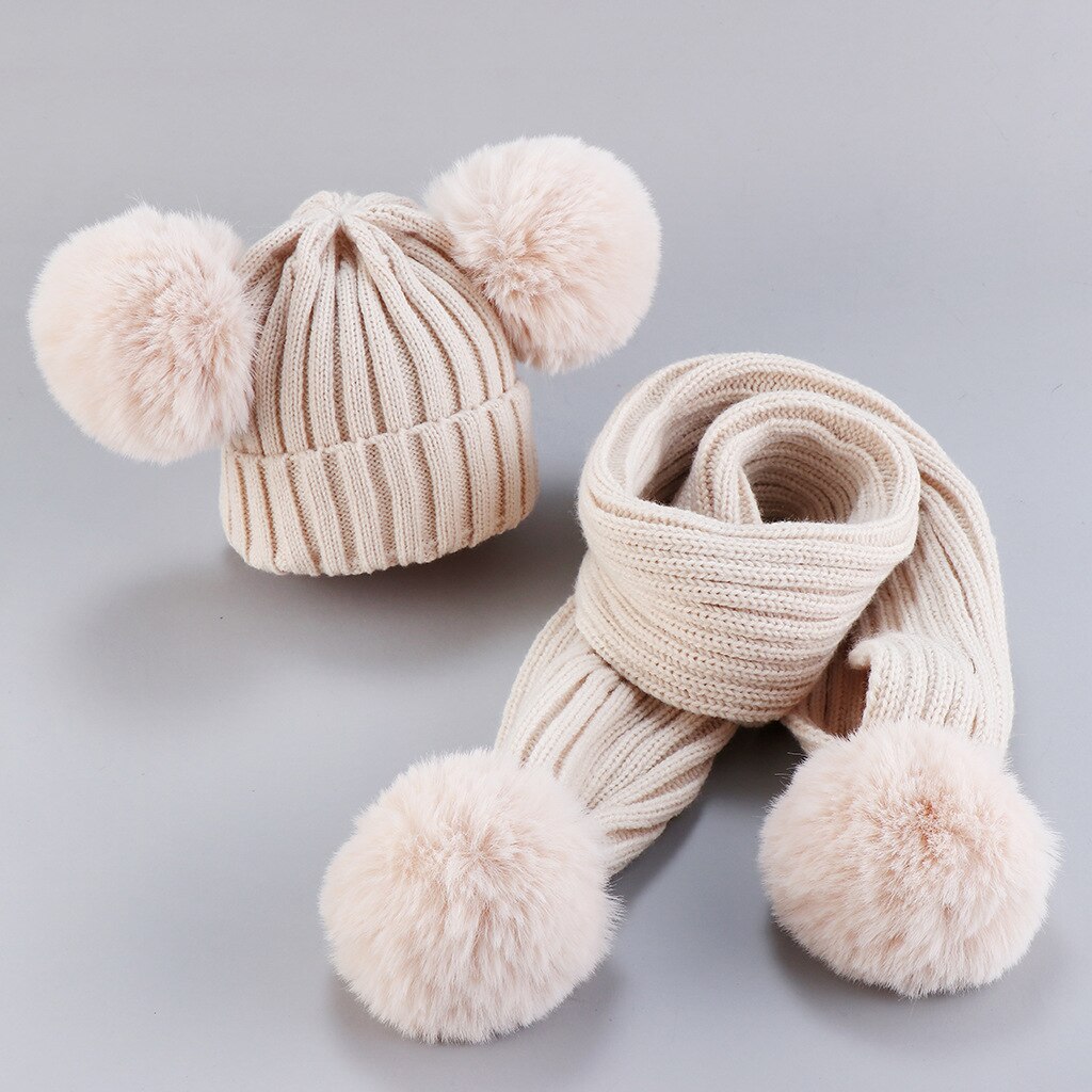 0-3Years Infant Baby Girls Boys Accessories Kids Ribbed Knitted Hats Scarf 2PCs Set Winter Warm Caps Solid Fuzzy Balls Beanies: Beige