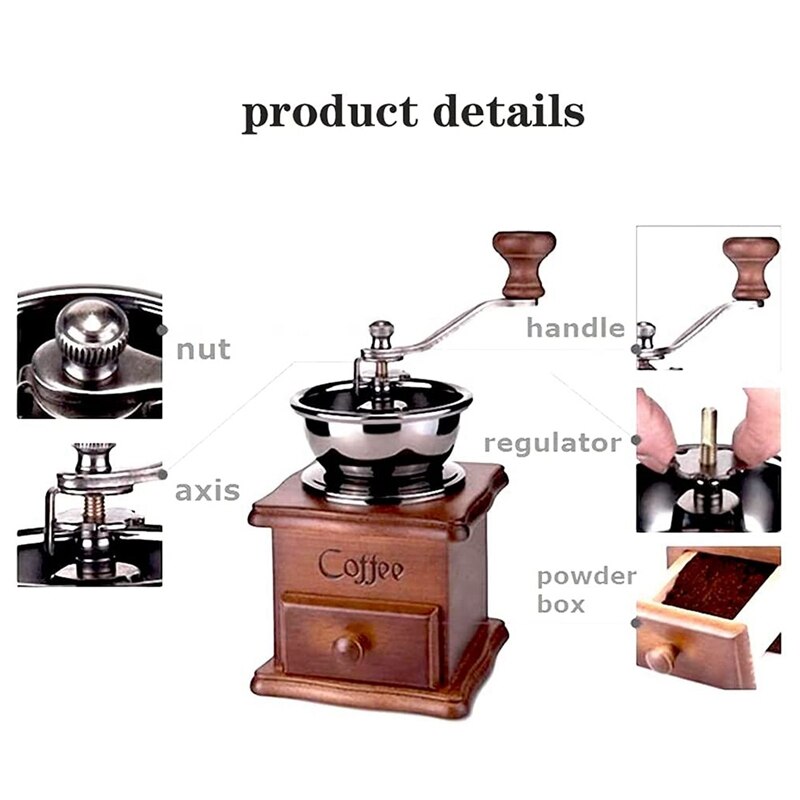 Manual Coffee Grinder Vintage Antique Style Wooden Coffee Grinder Classic Hand-Cranked Coffee Grinder