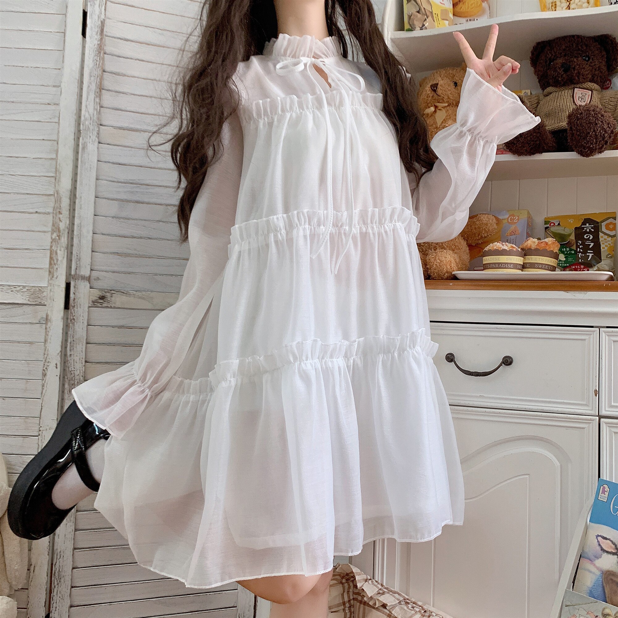 Vestido de princesa de manga de campana de adorable Vestido de lolita de estilo japonés, vestido de mujer de longitud media que combina con todo para Otoño e Invierno