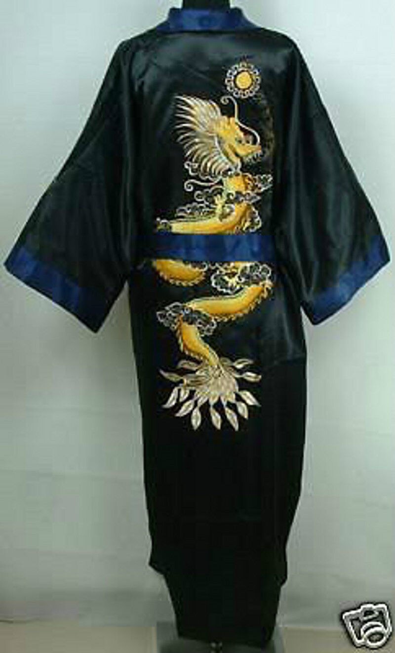 Sort broderi med dobbeltside drage mandlig lang kappe kinesiske mænd silke satin mænds drage kimono kappe kjole reversibel badekåbe: Sortblå