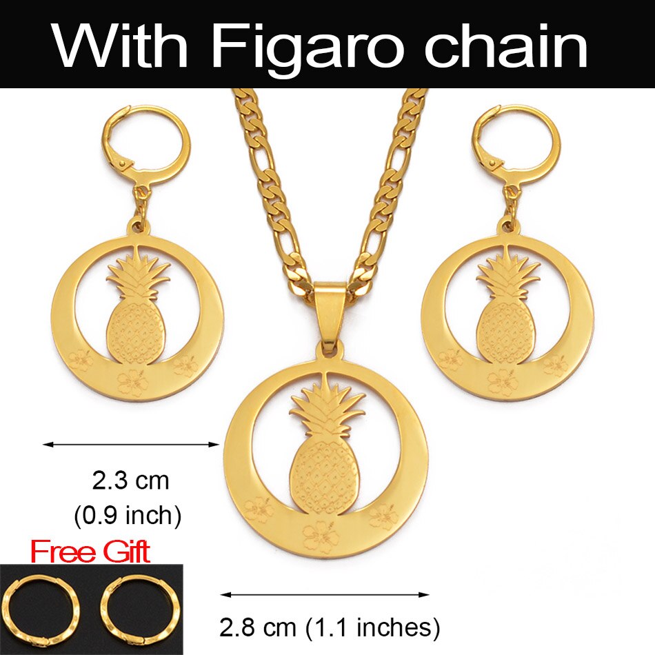 Anniyo flores de las Islas Marshall y piña collares pendientes Micronesia conjuntos de joyas Guam flores de Hawaii mujeres niñas #108121: With Figaro Chain / 60 cm