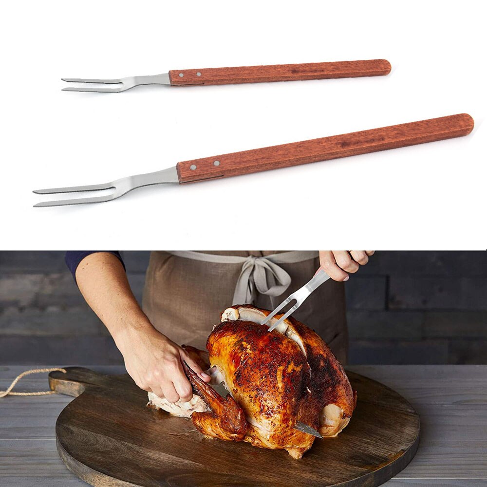 Portable Outdoor Stainless Steel Barbecue Tool Wooden Handle Barbecue Fork Food Fork Meat Fork