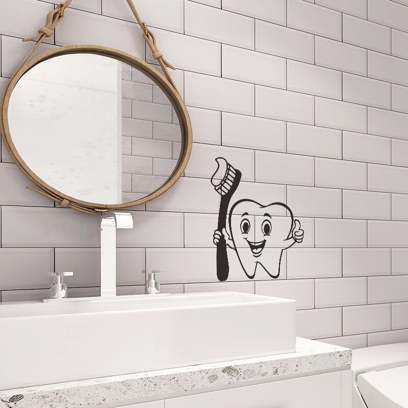 Cartoon cute teeth brush stick bathroom glass home DIY wall background decorative PVC wall stickers self adhesive room decor`