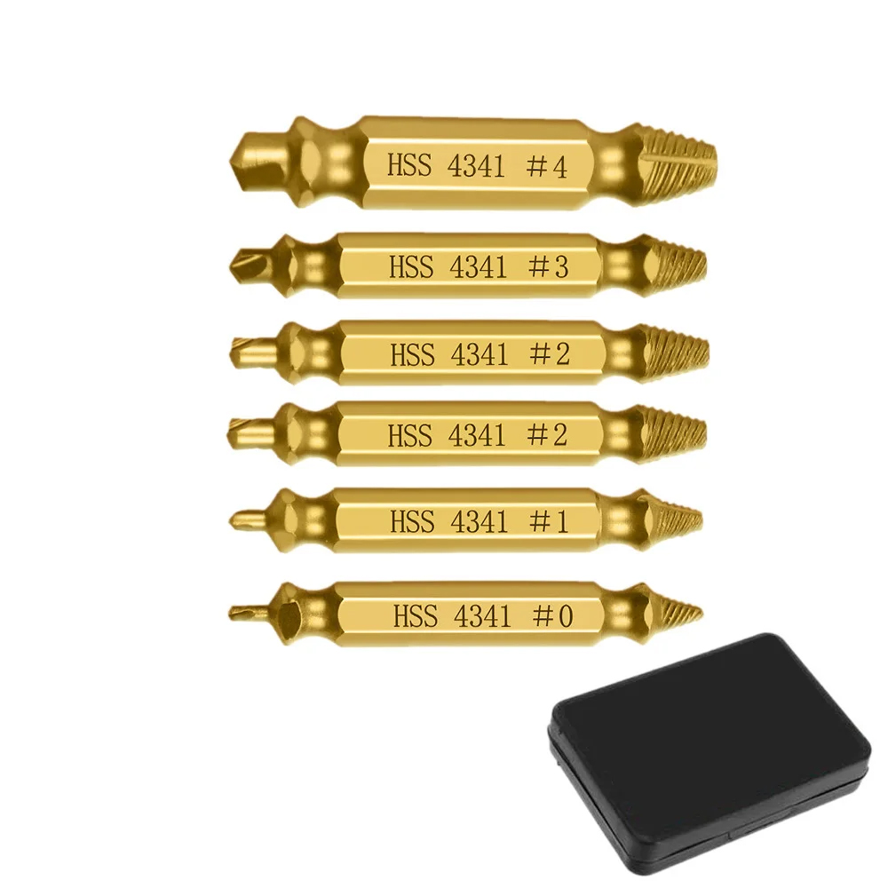 6 deler skadet skrueuttrekkersett, bor, avrivet skrueuttrekker, fjernersett, dobbeltendet, ødelagt skrue, bolt, rivingsverktøy