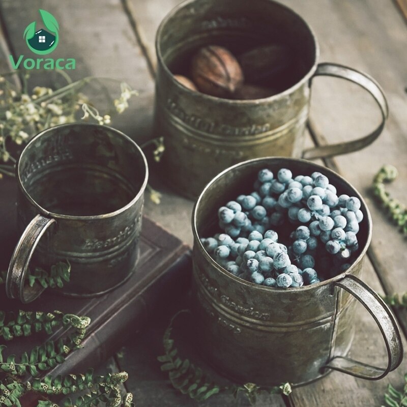 Tasse à poignée en fer rétro en métal, Vintage, impression anglaise en fer forgé, tasse à fruits, seau à fleurs, accessoires de maison, décoration de photographie