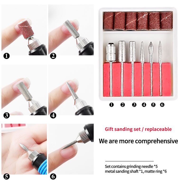 Professionele Elektrische Nagel Boor Machine Manicure Machine Pedicure Boor Set 6 Bits Keramische Nagelvijl Nail Boor Apparatuur Gereedschappen