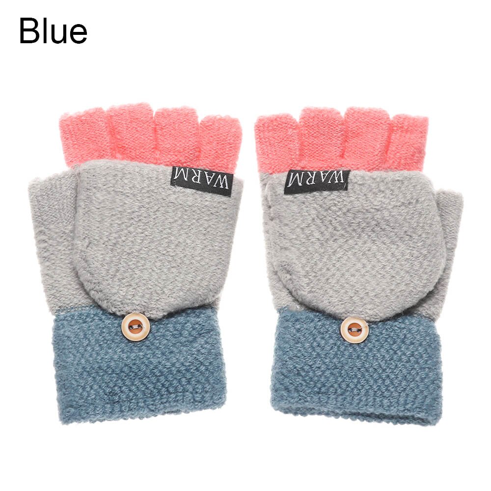 Winter Warm Knitted Gloves Women Men Fingerless Exposed Finger Half Capped 2 in 1Thick Gloves Soft Elastic Gloves: 2-blue