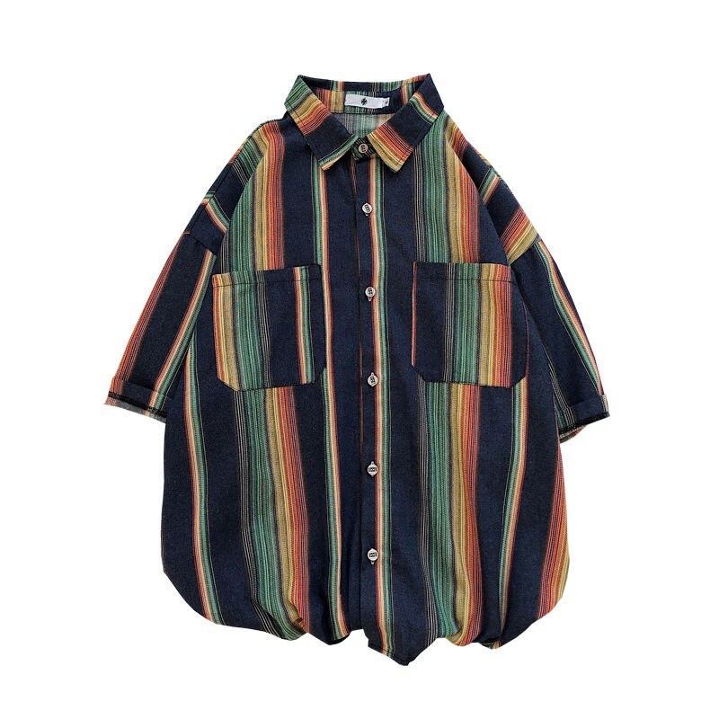 Sommer stribet skjorte herre kontrastfarve afslappet kortærmet skjorte herre streetwear vild løs kjole skjorter herre s -2xl