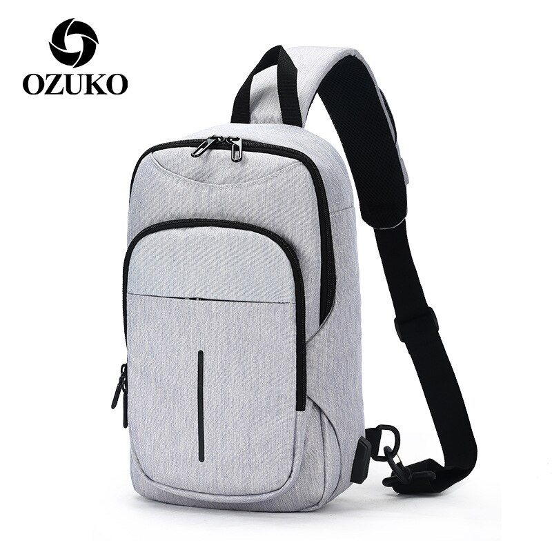 OZUKO Travel Multifunction Waterproof Men Chest bags External USB interface Single shoulder bag Chest Pack Crossbody Bag: Gray