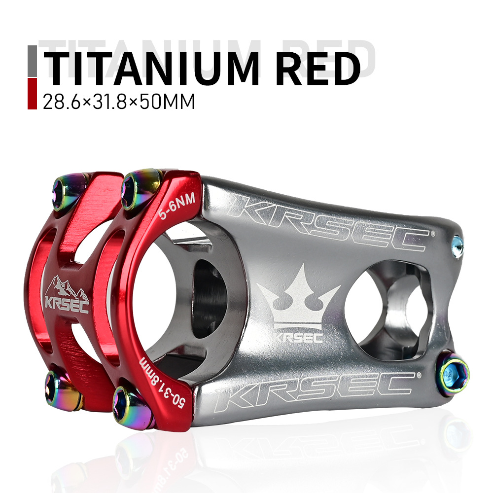 KRSEC bicycle stem mtb stem ultra-light CNC hollow aluminum alloy short stem DH/FR/XC/AM 31.8*28.5*50mm riser bicycle parts: Titanium and red