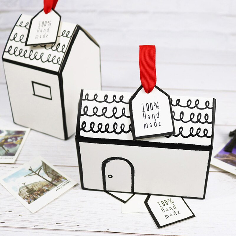 Papier Doos Huis Witte Muffin Box Met Rood Lint Papier Tag Voor Cake Cookie Party Decoratie Papier Doos Huis Vorm witte