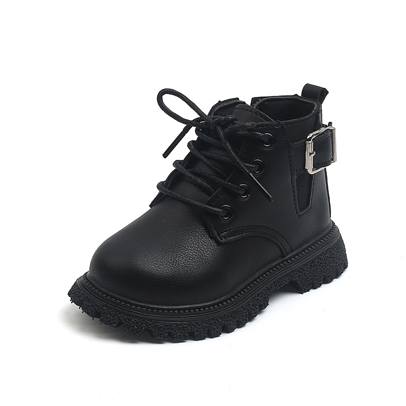 2022 meninas botas de inverno sapatos de couro macio preto plataforma plana crianças botas da escola moda Size21-30 dedo do pé redondo meninos botas: Preto / 21