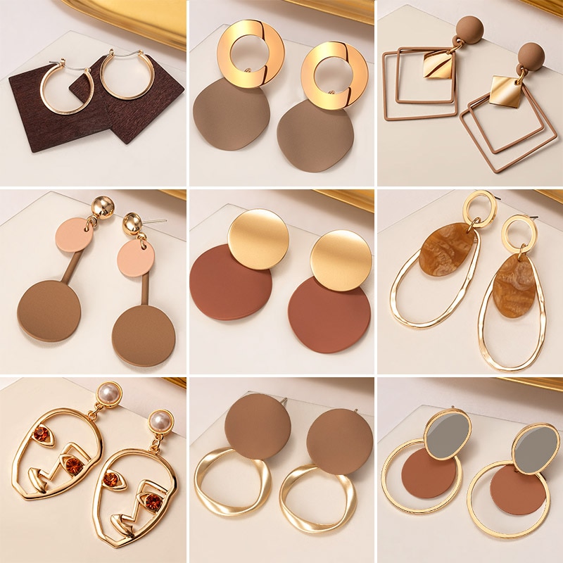 Pendientes llamativos coreanos para mujer, aretes con colgantes geométricos acrílicos marrones, aretes dorados, joyería