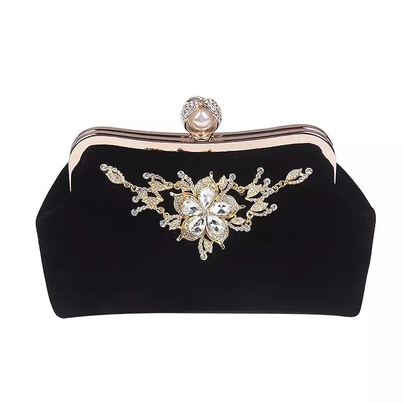 Fluwelen Avond Clutch Bag Vrouwen Diamanten Parel Portemonnee Vintage Crystal Flower Wedding Party Bruid Handtas Voor Lady Black B358: black