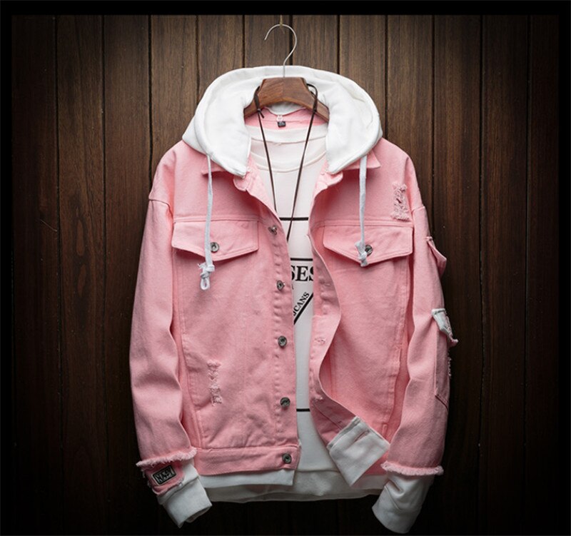 Veste d'automne en Denim à capuche homme, vêtement de Cowboy homme, en faux deux pièces de Streetwear, à la: Rose / XXXL