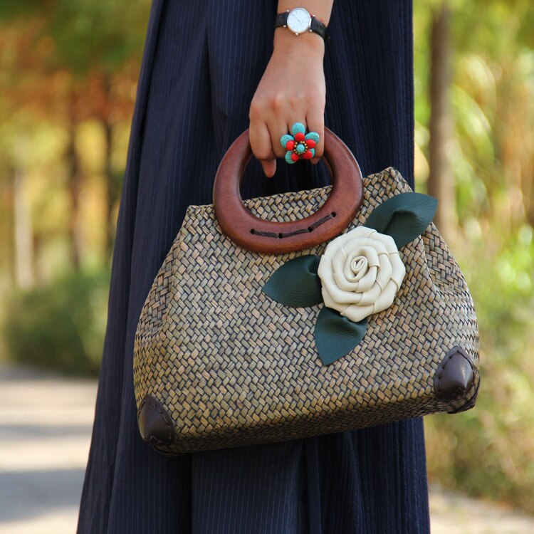 22 Stijl Strozak Rotan Houten Handvat Retro Geweven Zak Emmer Zak Grote Strand Tas: C083 Black