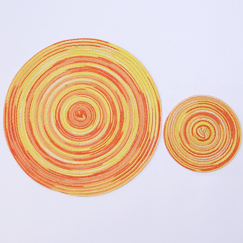 Regenbogen Farbe Tischset Schüssel Satin- Gefärbt Ramie Baumwolle Garn gewebte Tasse Pad Runde Platte matt Individuelle Mantel Esszimmer Untersetzer einstellen