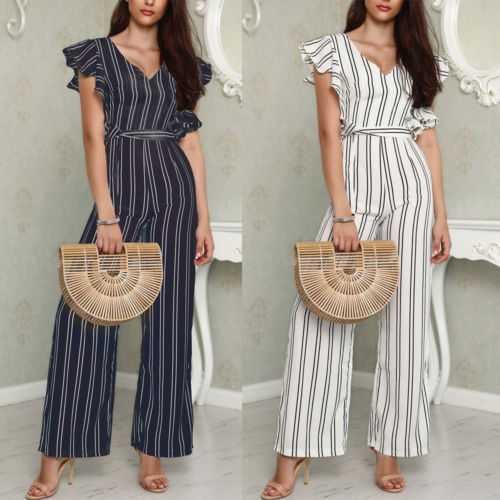 Sort hvid stribet jumpsuits dame flæser rompers overalls ærmeløs bodycon chiffon brede ben lange bukser playsuits