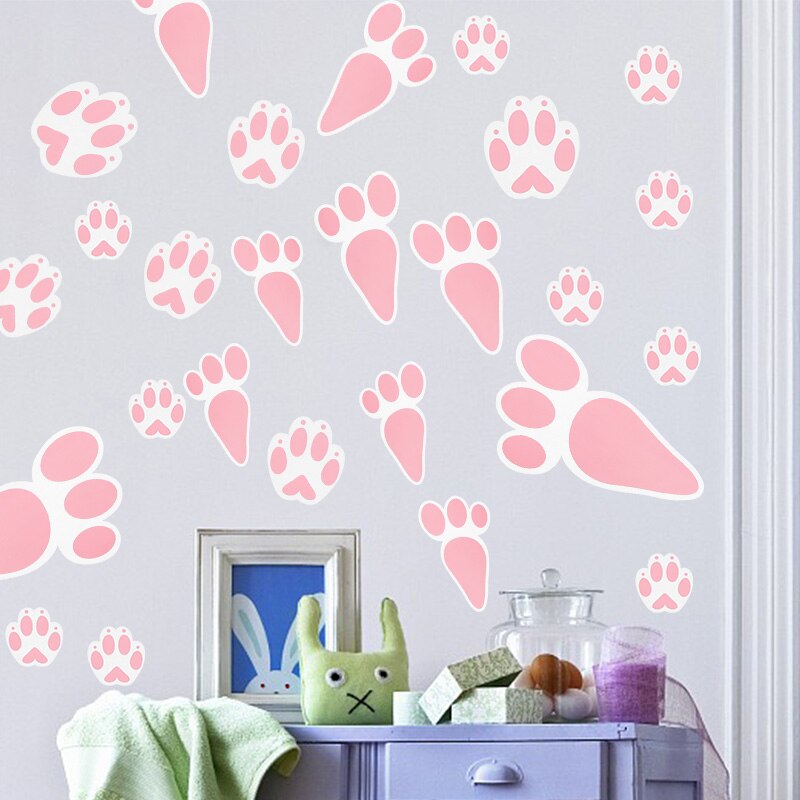 3 Sheets Cute Cartoon Rabbit Wall Stickers Decorative Pink Bunny Footprints Wall Window Decal For Easter Home Party Supplies