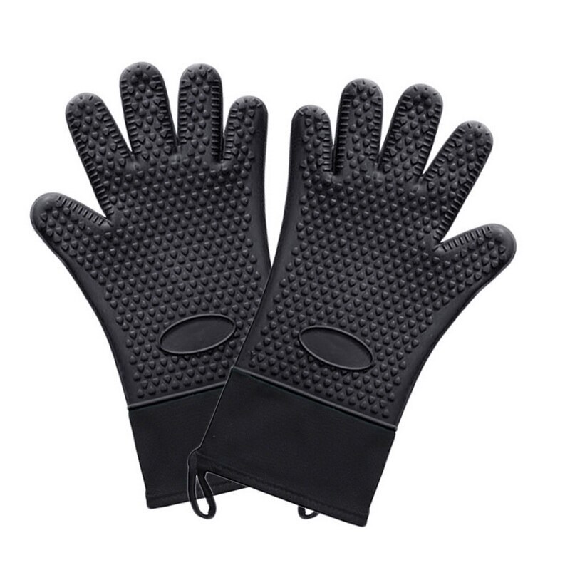 2 uds guante de silicona resistente al calor grueso BBQ Grill guantes cocina impermeable horno manoplas de cocina Grill hornear guantes: black