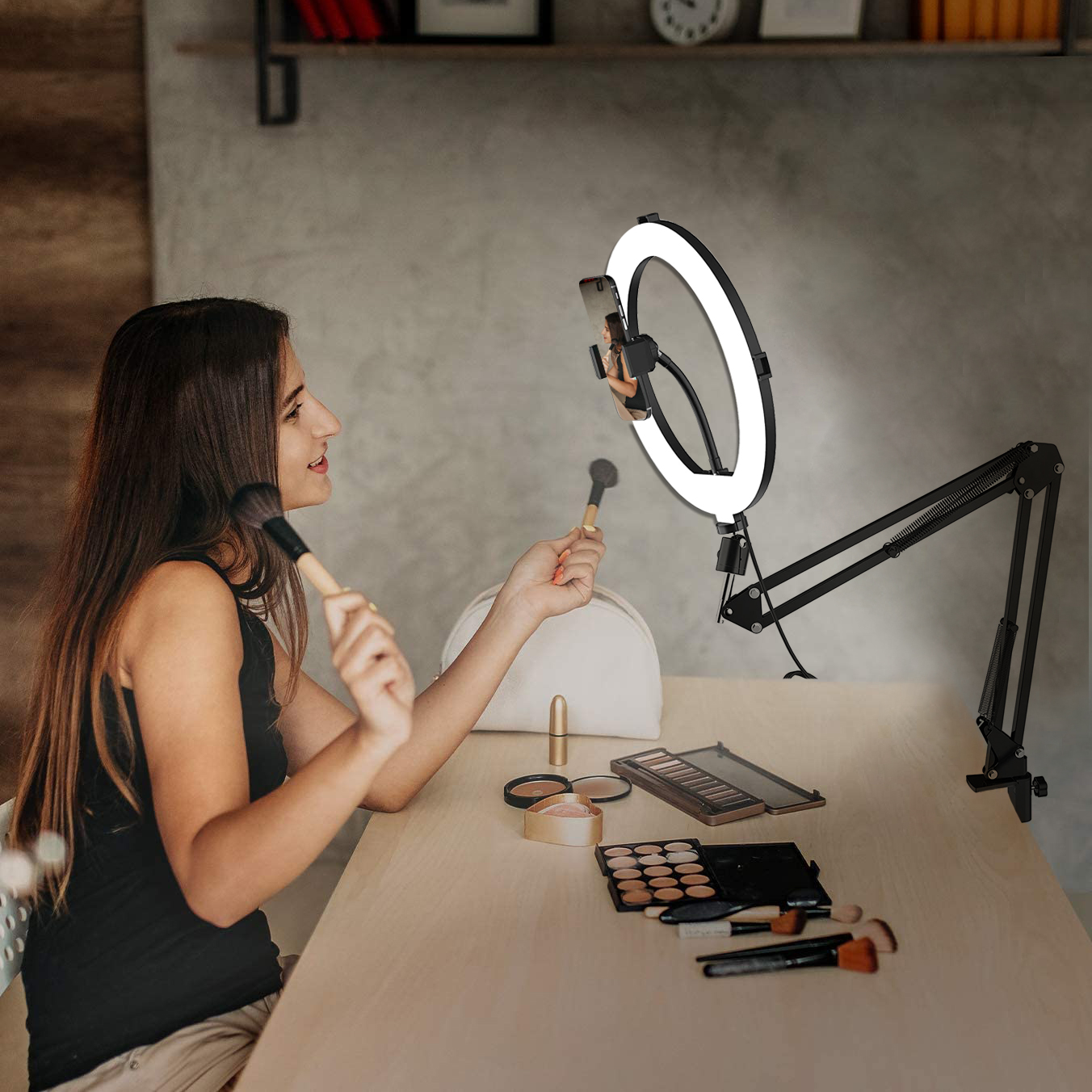 Mic Boom Desk Arm Stand with Phone Holder, Boom Suspension Stand Adapter Clip for Microphone Smartphone Tablet Ring Light