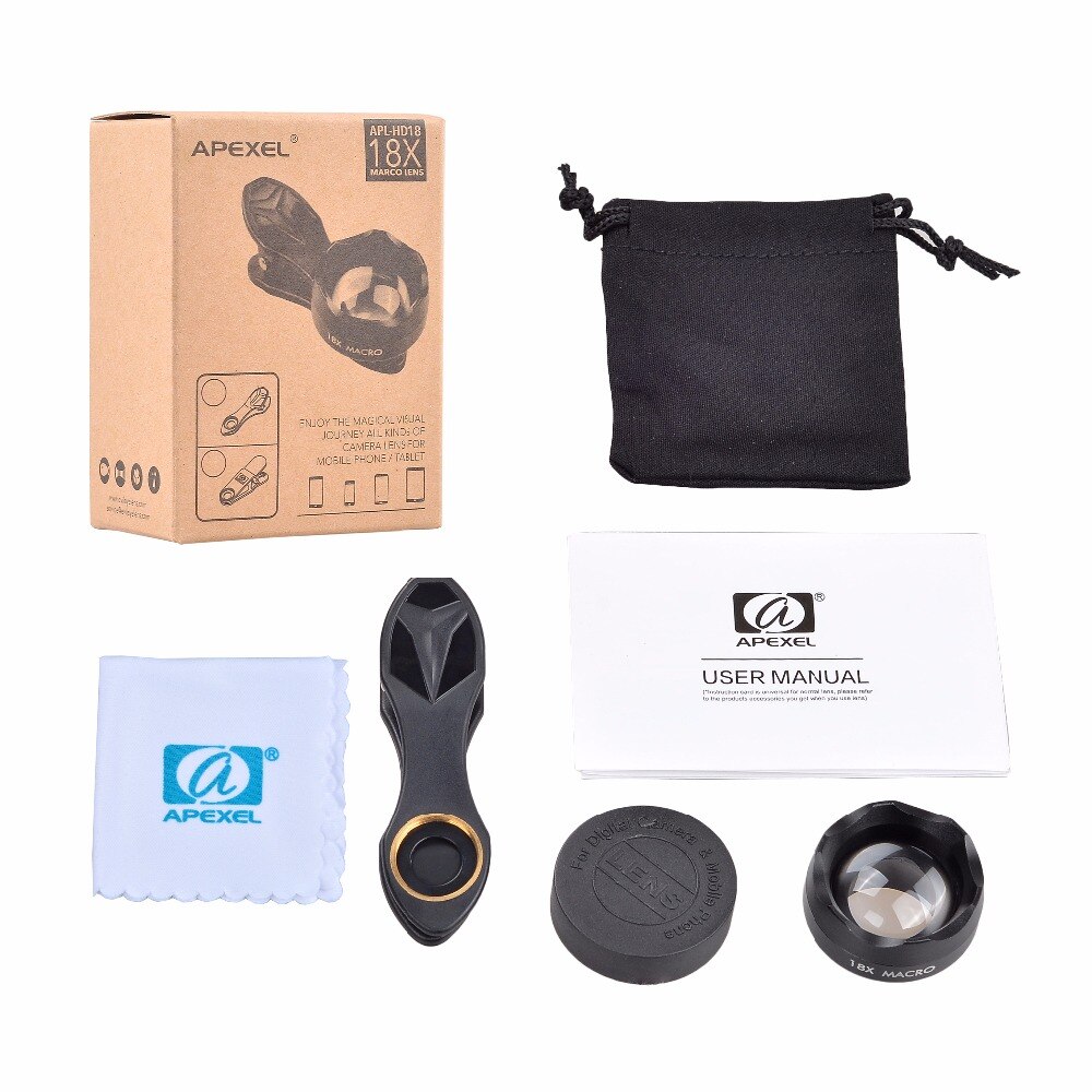 APEXEL Universal Clip on HD 18X Macro Lens Photography Mobile Phone Lens micro lentes For iPhone Lens mobile phone