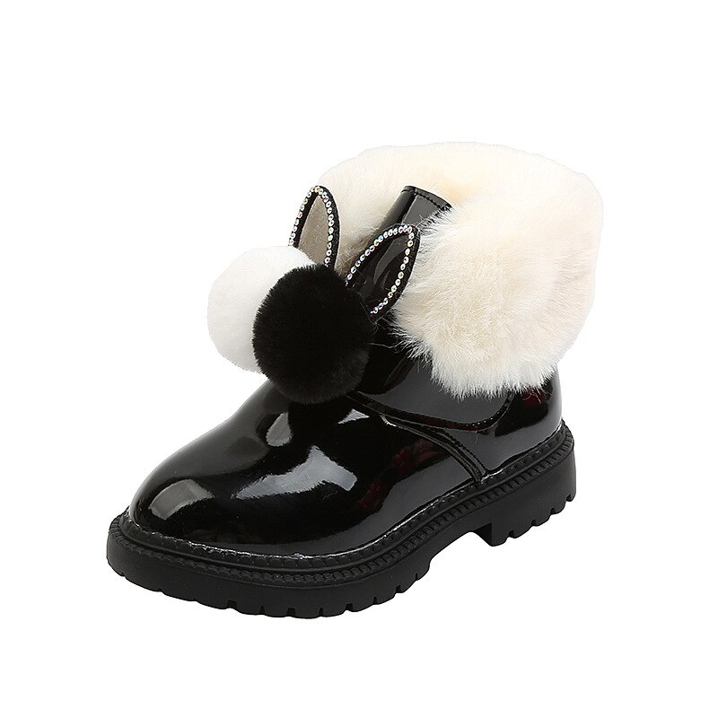 Cuzullaa Kids Meisjes Konijn Oor Enkellaars Lakschoenen Kinderen Warme Winter Elegante Bont Bal Mode Laarzen Maat 21-30: Black / 30 (inside 18.6 cm)