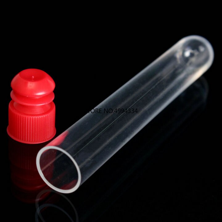 20pcs 15x150mm Clear Plastic reageerbuizen met plastic blauw/rood stopper push cap voor school experimenten en tests