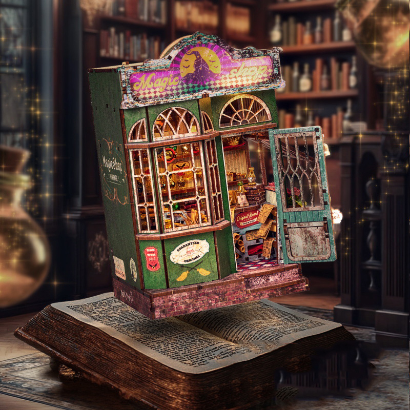 DIY Wooden Dollhouse Magic Shop Miniature Furniture Kit Book Nook Assemble Building Block Toys for Children Adult Casa