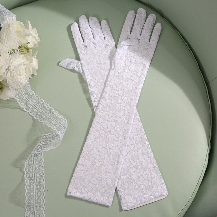 JaneVini-Guantes Blancos elegantes para mujer, manoplas de encaje para boda, longitud del codo, guantes de mano nupciales de dedo completo, accesorios de boda largos,