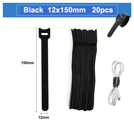 10pcs/Releasable Cable Ties Plastics Hook Loop Fastening Reusable Cable Ties Nylon Loop Wrap Zip Bundle T-type Cable Tie Wire: Black 12x150MM