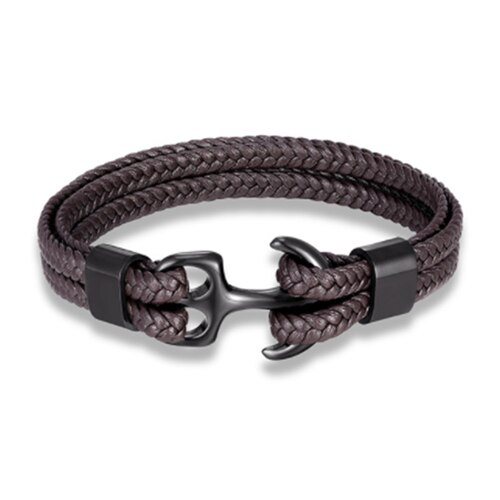 Mkendn Mode Lederen Armband Voor Mannen Black Braid Multilayer Touw Ketting Rvs Anker Mannelijke Sieraden Pulseras: Black Coffee / 19Cm