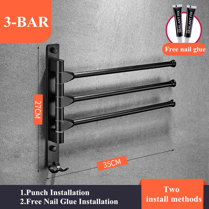 Aluminum Swing Out Towel Bar 2 3 4-Bar Self Adhesive Folding Arm Swivel Hanger Bathroom Storage Organizer Space Saving: 3 bar