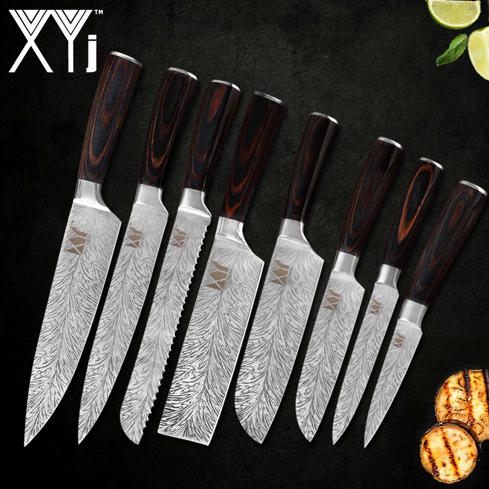 Xyj 6 '' 8 '' kjøkkenknivholder stativ rustfritt stål 7 cr 17 damaskus årer blad farge trehåndtak kniv kjøkkentilbehør