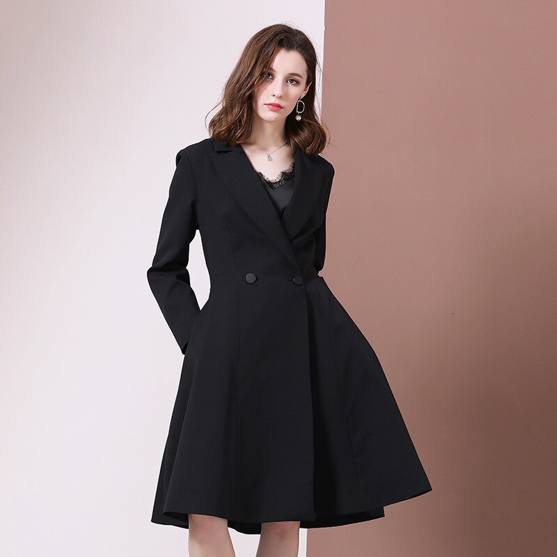 Vestido Blazer de manga larga para mujer, Otoño Invierno , chaqueta, abrigo, vestidos ajustados, largo hasta la rodilla, color negro, para oficina: L