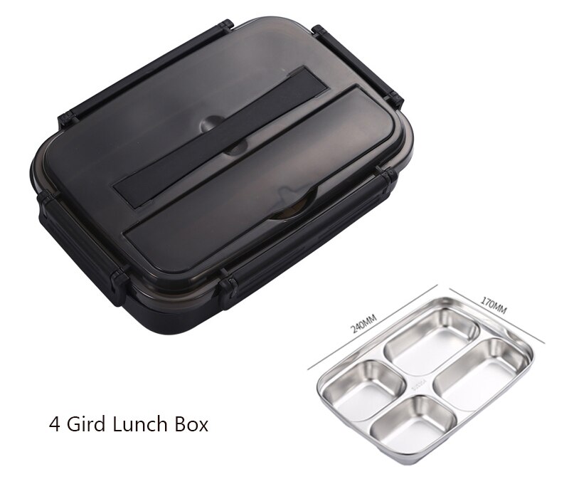Lunch Bento Box Voor Werk Draagbare Lekvrij Servies Rvs Mannen Lunchbox Outdoor Picknick Voedsel Opslag Snack Containers: Black 4 Gird 1.1L