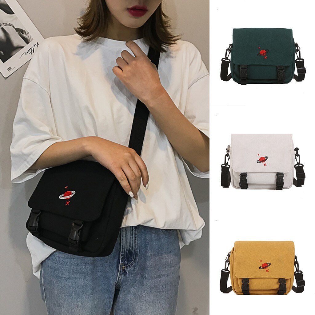Women's Embroidered Canvas Handbag Buckle Cartoon Shoulder Bag Simple Phone Bag