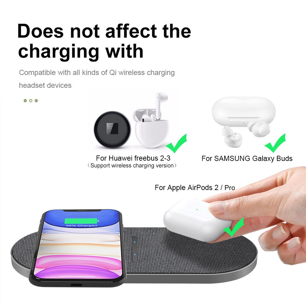 20w rápida estação de carregamento sem fio para samsung s20 s10 dupla 10w 2 em 1 carregador sem fio almofada para iphone 11 xs xr x 8 airpods pro