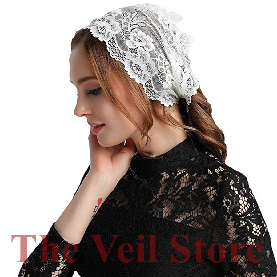 White Soft Stretch Lace Mantilla Chapel Veils for Church Tie style Headwrap Covering Headband Latin Mass Velo Mantilla de Novia
