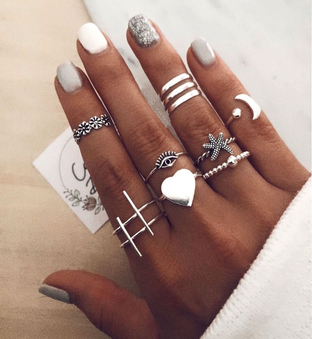 Bohemian Rings For Women Antique Silver Color Angle Anel Knuckle Gothic Punk Initial Ring Set Boho Jewelry Anniversary Gif: 3